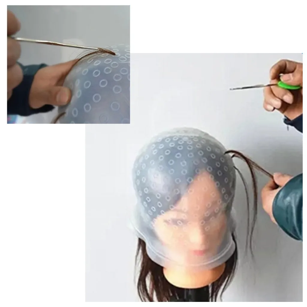 Reusable Silicone Dye Hat Hair Color Highlighting Hairdressing Cap + Hook Needle Frosting Dyeing Tools 