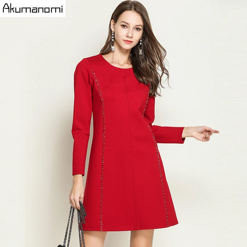 

Plus Size 5XL Autumn Spring Red Black Dress Women beading o-neck Long Sleeve Casual Elegant Office Party Dress Vestido Robe jurk