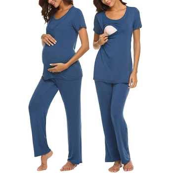 

Pregnant Women Solid Cotton Breastfeeding Clothes Round Neck Short Sleeve Maternity Sleepwear Home Clothing for Pregnancy Woman