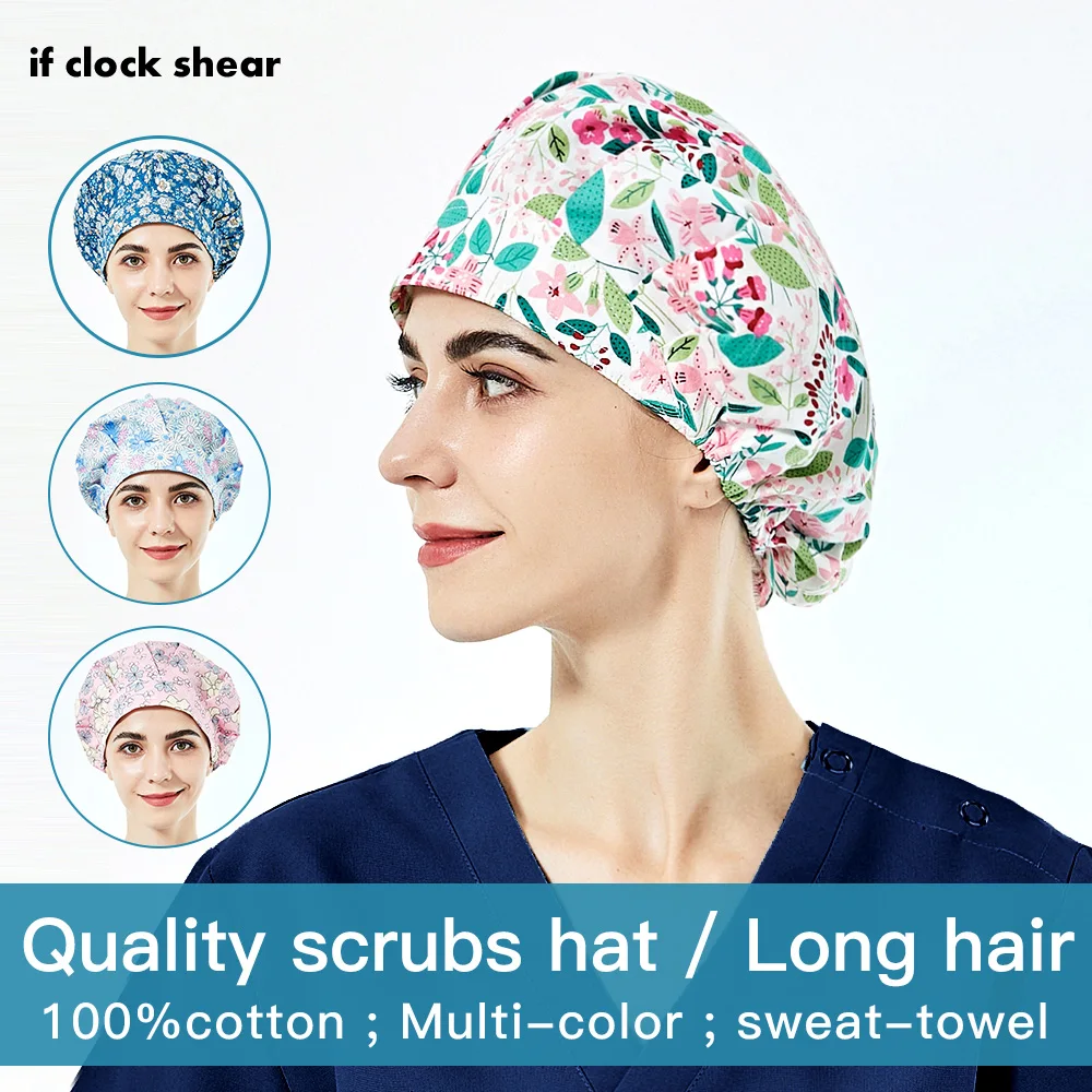 

High Quality Floral print beauty salon work Scrub Hat long hair women pet grooming Scrubs Caps wholesale beautician Operator hat