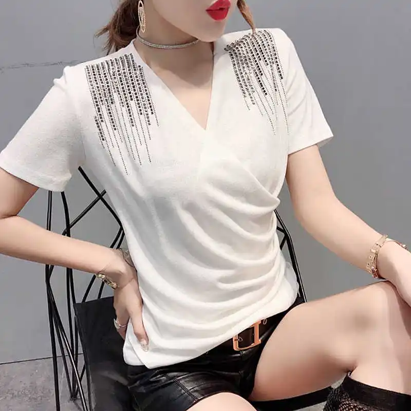 Очаровательная футболка с бриллиантами женская camisetas mujer verano летний корейский
