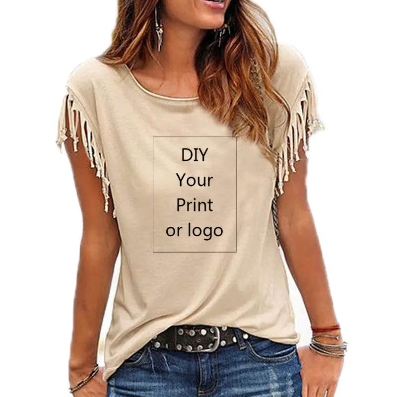 Customized Print T Shirt for Women DIY Your Like Photo or Logo Top Cotton Tassel Short Sleeve O-neck Cotton Tee 2
