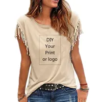 Customized Print T Shirt for Women DIY Your Like Photo or Logo Top Cotton Tassel Short Sleeve O-neck Cotton Tee 2