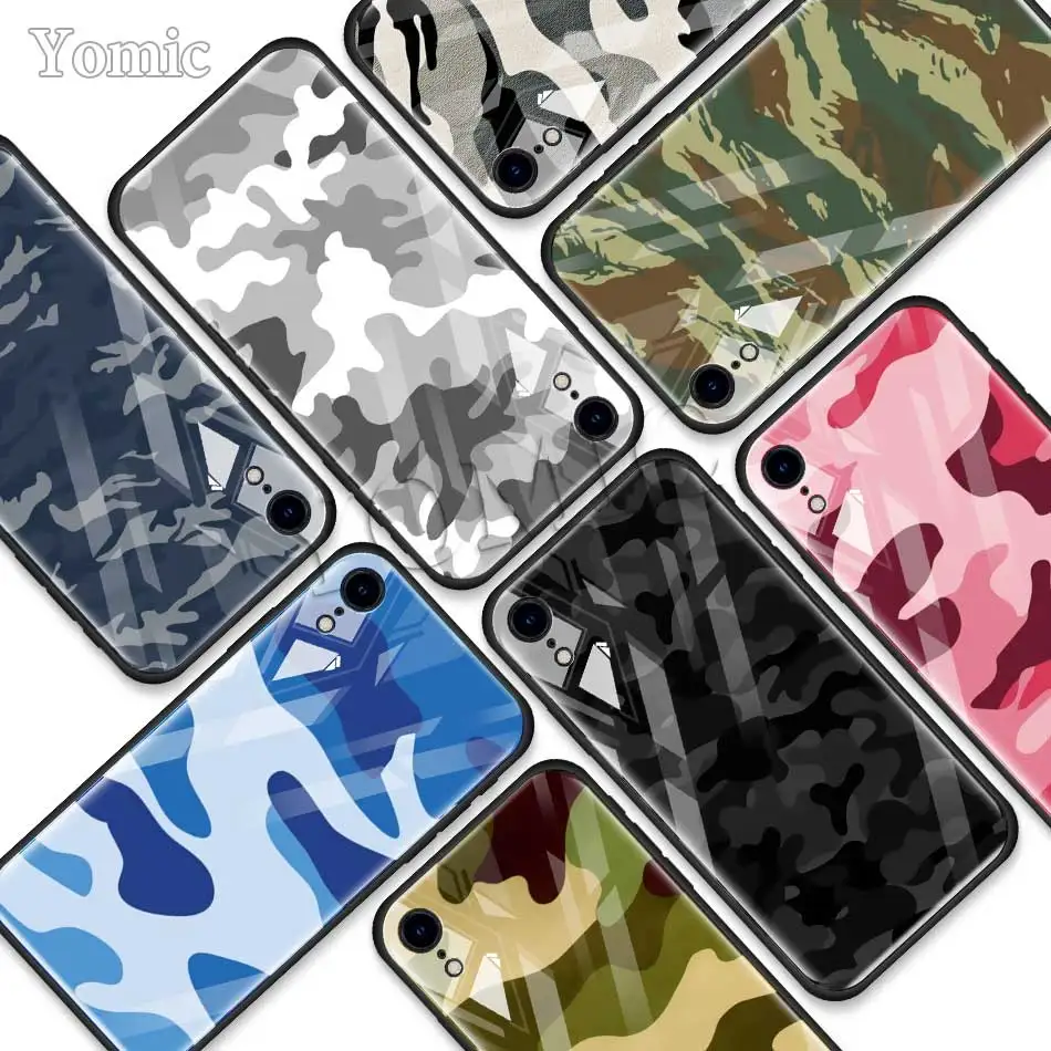 

Camouflage Camo military Tempered Glass Case for Apple iPhone XR 7 8 6 6S Plus X XS MAX Soft Edge Mobile Phone Bag Cover Shell