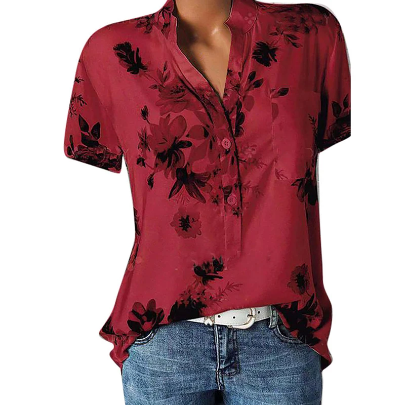 Short Sleeve Shirt Women Summer Tops Vintage Print Sexy V-Neck Blouse Women Casual Shirts Cardigan Lapel Plus Size Feminino 5XL