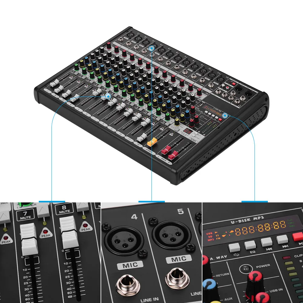 

12-Channel Mixer Mixing Console Built-in 48V Phantom Power Supply 16 DSP Effects with XLR Mic Interface 6.35mm LINE Interface