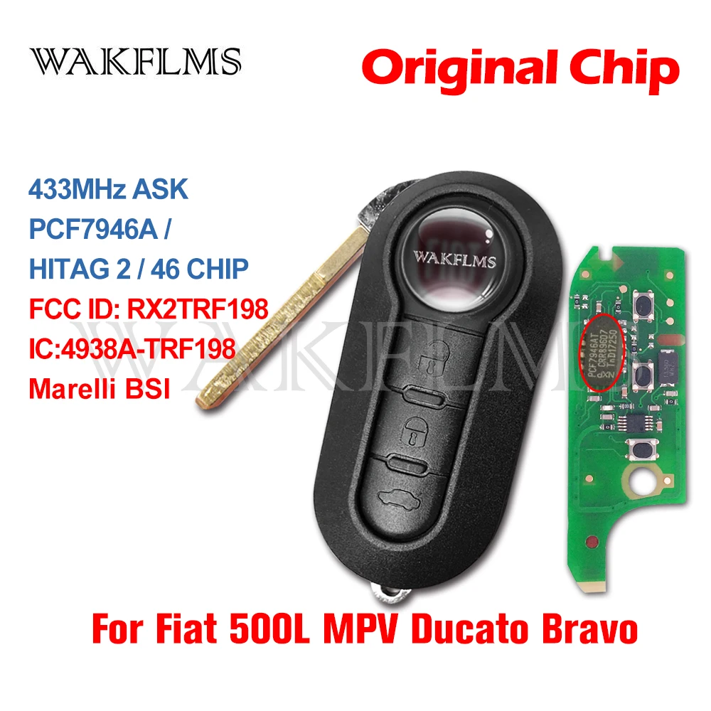 For Fiat 500L MPV Ducato Bravo 2008-2012 2013 2014 2015 Remote Car Key Replacement 433MHz ID46 FCC ID RX2TRF198