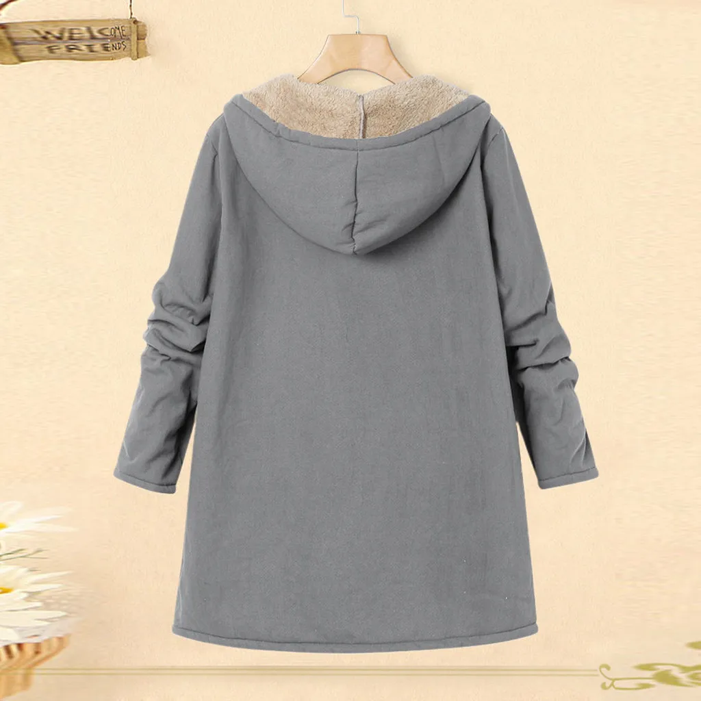 JAYCOSIN ladies large size jacket zipper hooded plus solid long composite plush casual fashion coat warm loose autumn and winter