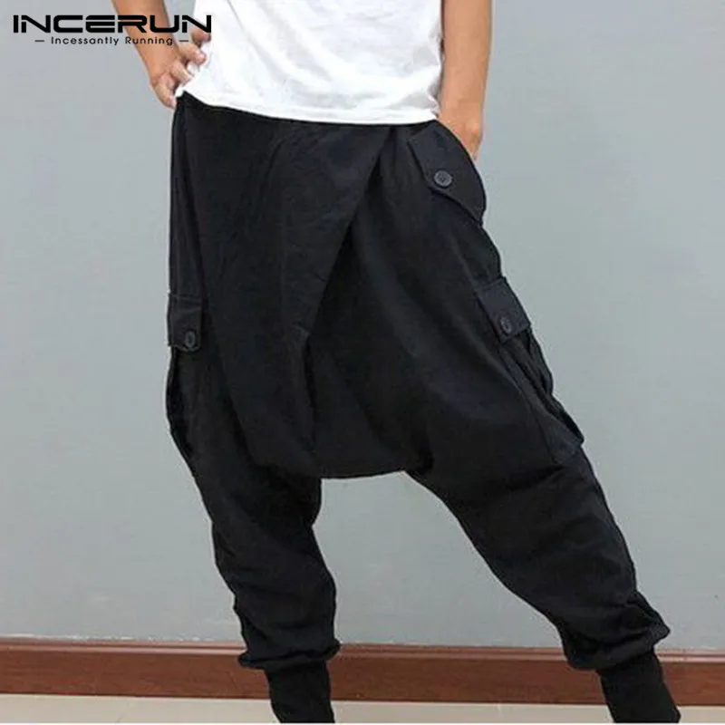 Trousers Pantalones Harem-Pants Drop Incerun Men Fashion Elastic Solid-Color Cotton Man