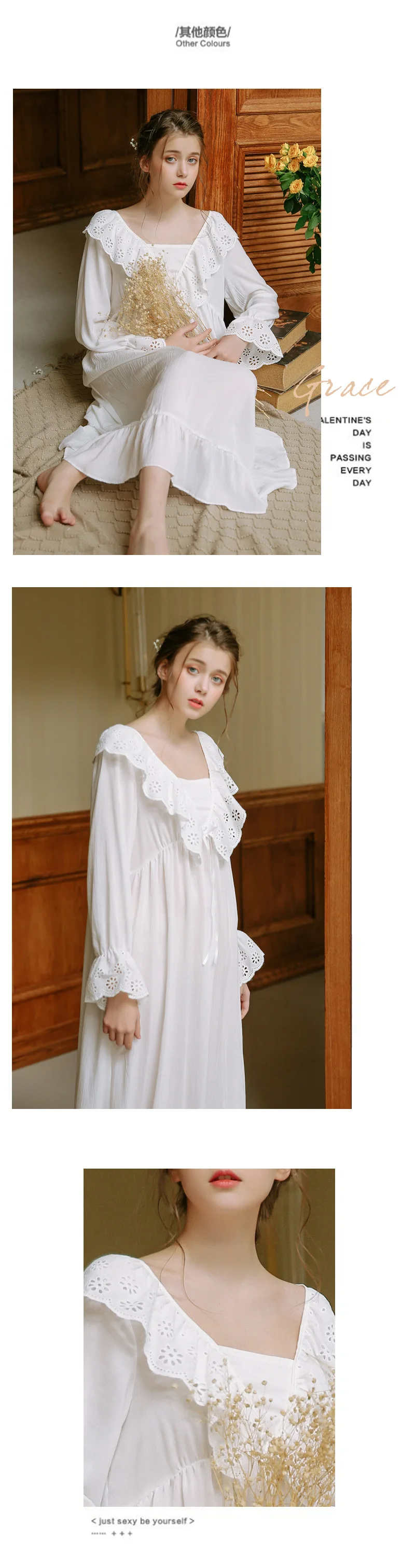 Sexy Victorian Sleep Wear Night Dress Vintage Nightgown Long Sleeve Nightdress White Cotton Sleepwear Women Nightshirt