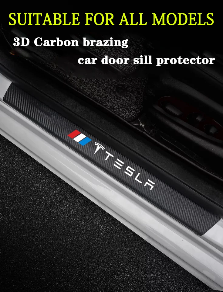 

For tesla model 3 X Y S car door sill protector leather carbon fiber vinyl stickers Car Plate Pedal Cover Trim Accessories 4 pcs