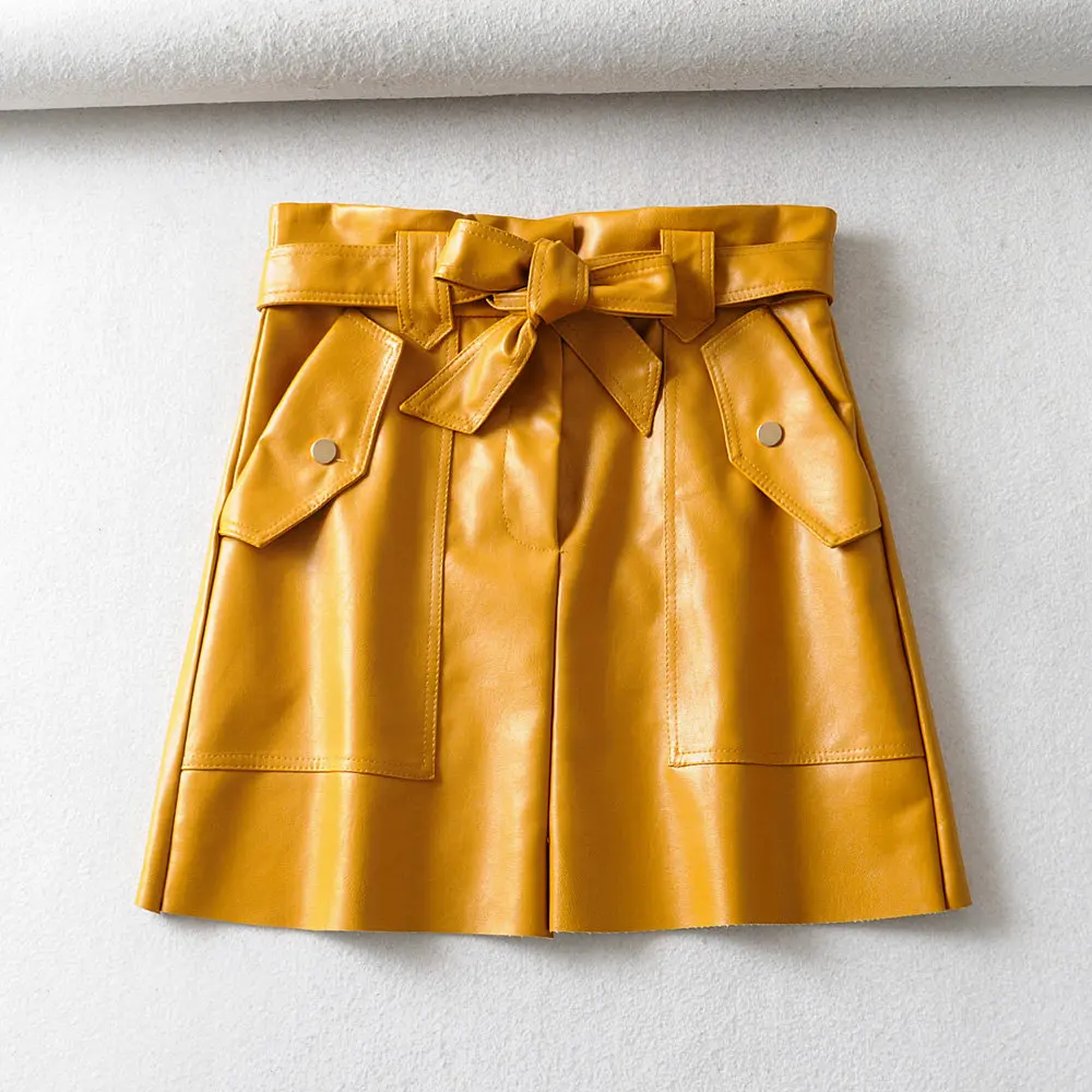 Новые женские модные кимоно с завязками из искусственной кожи желтая юбка faldas mujer Женские Карманы оборки vestidos Повседневные тонкие юбки QUN468