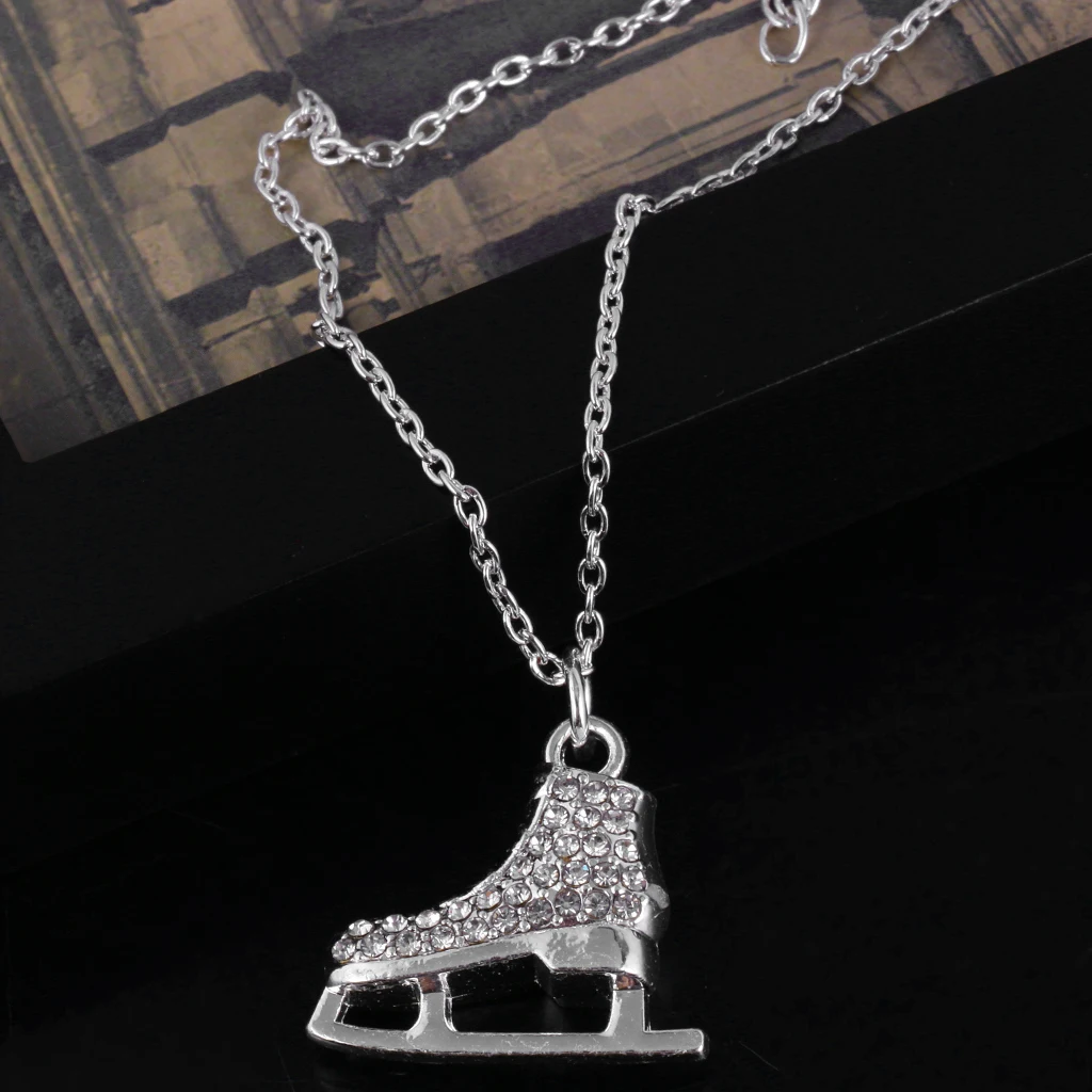 Phenovo Crystal Ice Skates Pendant Fashion Pendant Chain Necklace Sport Jewelry For lover family friend Skater Gift  -silver color