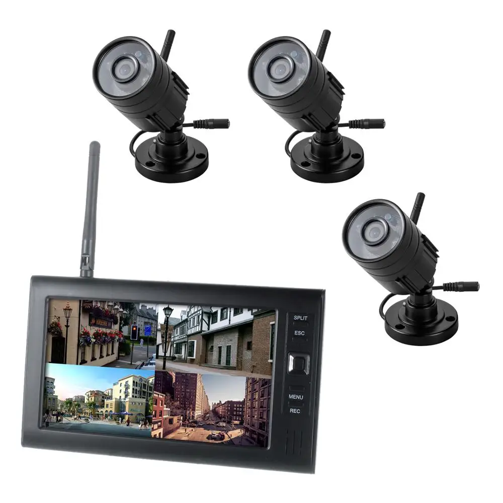 Wireless 2.4G 4CH Quad DVR 4 Camera with 7"TFT LCD Monitor Home Security System 