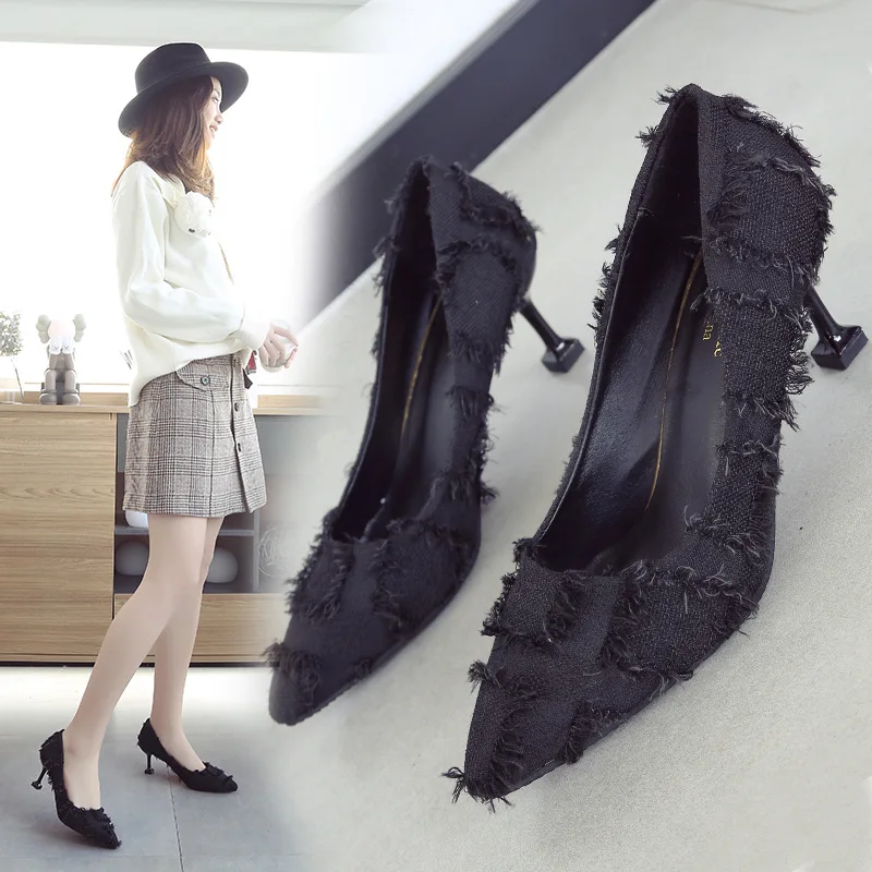 

Spring And Autumn New Style WOMEN'S Shoes Pointed Toe Pu Thin Heeled High-Heel Suede Foot Covering Rubber Sole Low-Cut-WOMEN'S S