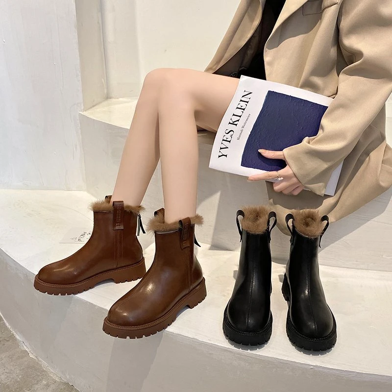 

Women Boots 2021 New Winter Plush Warm Non Slip Snow Boots Artificial Leather Square Zip Leisure Shoes Ankle Boots For Women