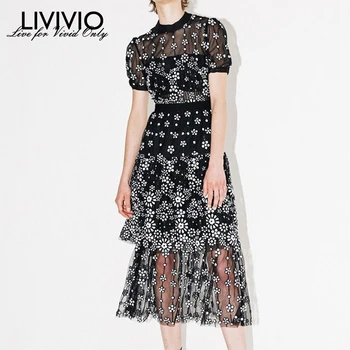 

[LIVIVIO]High-end Custom Luxury Runway Designer Dress 2020 Summer Mesh Embroidery Sequined Flowers Layers Lace Long Dress
