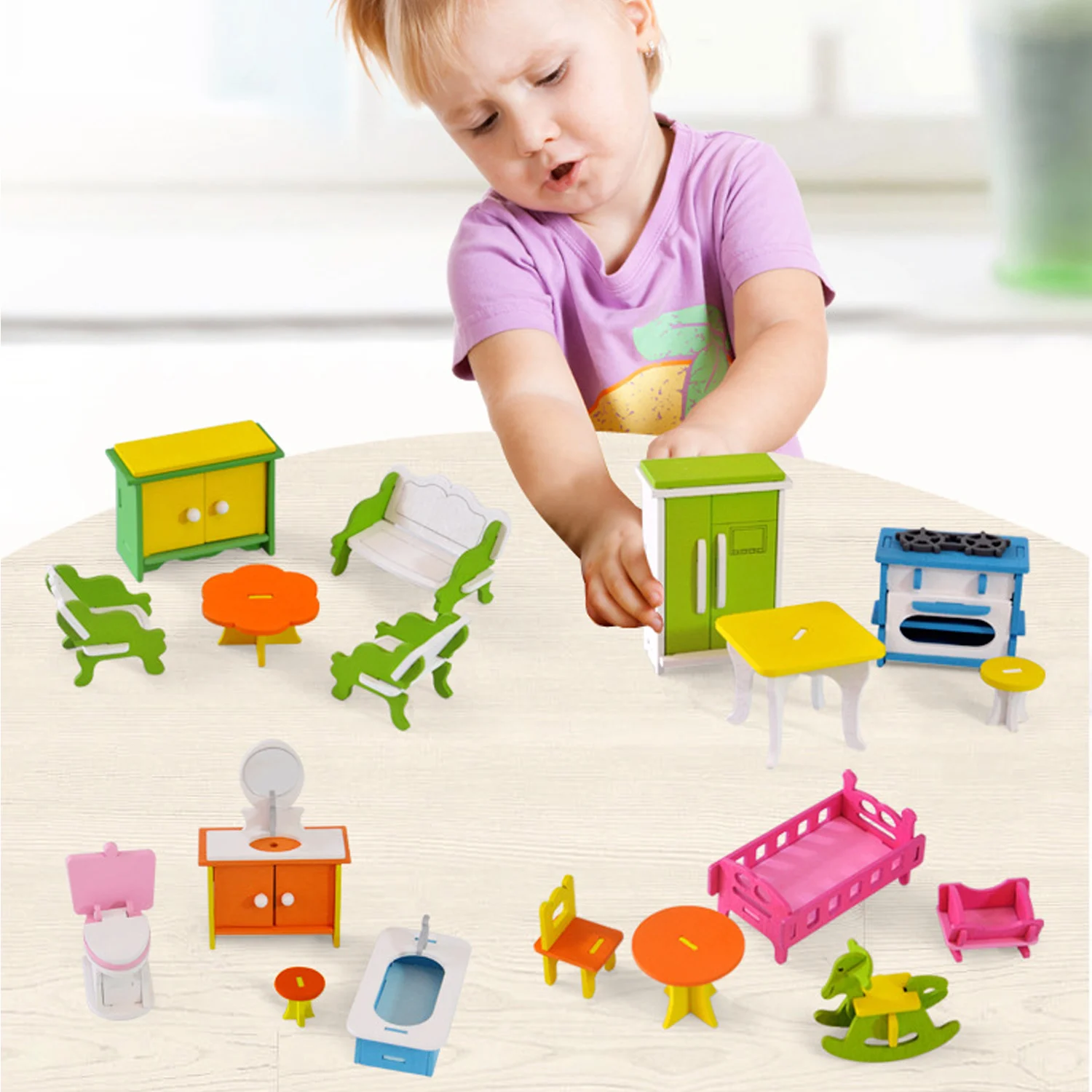 4Set Wooden DIY Assemble Furniture Toy Set Kitchen Bathroom Living Room Bedroom Toy for Kids Pretend Play Game Doll House Supply