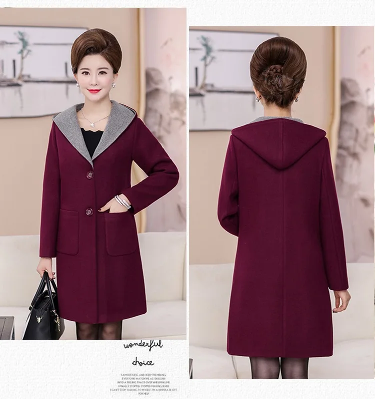 Middle-aged WOMEN'S Apparels Autumn And Winter Hooded Woolen Jacket Mid-length Large Size Mom Slim Fit plus Thick Cotton Woolen
