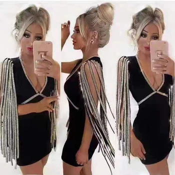 

2019 Women Black Long Sleeve Beads Bandage Dress Sexy Summer Fashion Diamonds Celebrity Good Quality V Neck Mini Club Dresses
