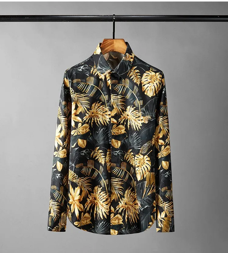 Мужская повседневная приталенная рубашка с длинным рукавом и принтом золотых