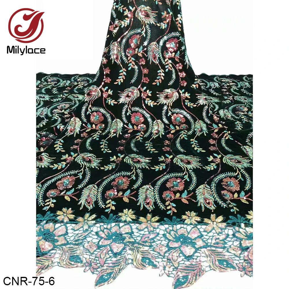 Milylace черного цвета в африканском стиле; бархатной ткани с блестками нигерийское гипюровое кружево бархатной ткани с блестками 5 ярдов для одежды CNR-75