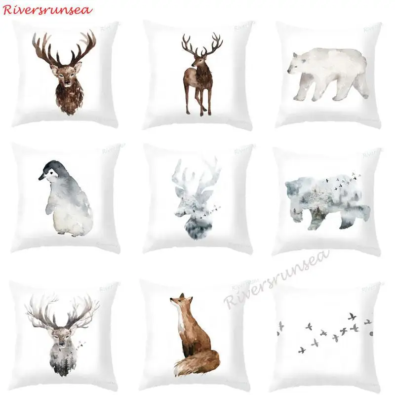 Nordic Style Decoration Deer Pillow Hand Animal Watercolor Ink Forest Fox Cushion Christmas Tree For Creative Living Room Chair | Дом и сад