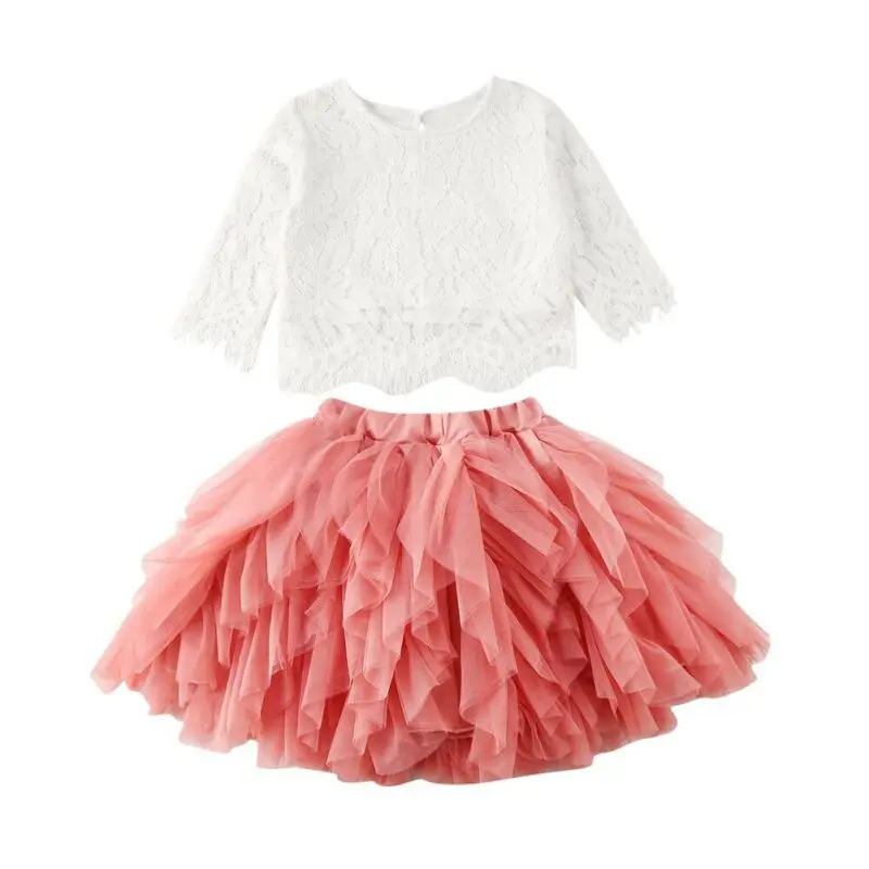 1-6Y Toddler Kids Baby Girls Clothes Sets Princess Lace Solid Tops T-shirt Tutu Skirt Outfit Autumn Set | Мать и ребенок