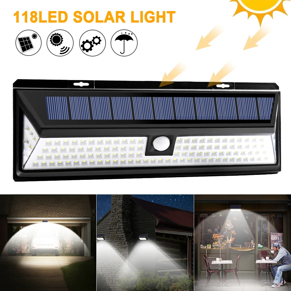 

118 LED Solar Light PIR Motion Sensor Outdoor 3 Modes Solar Wall Lamp IP65 Waterproof Energy Saving Security Garden Yard Lights