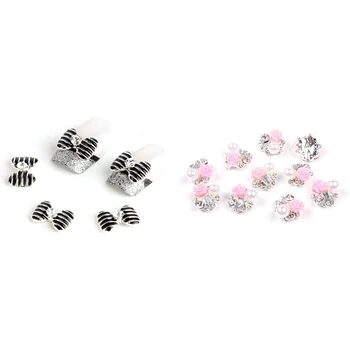 

20pcs 3D Nail Art Slices Glitters Diy Decorations - 10pcs Rhinestone Artificial Pearl and pink Rose flower & 10pcs Bow