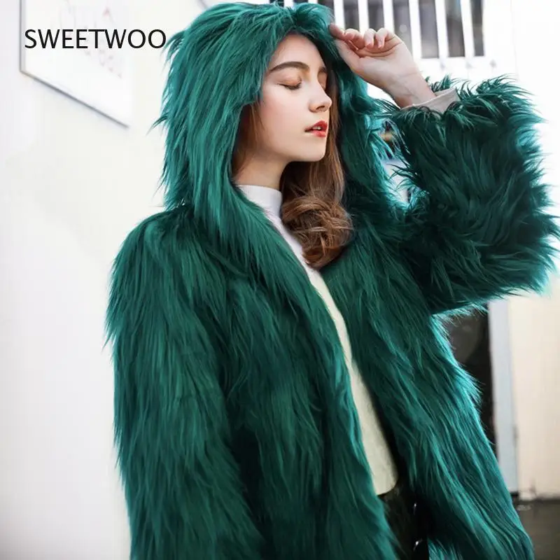 Fluffy Faux Fur Coat with Hood Women Winter  Loose Plush Purple Grey Green Red Jacket Ladies Chic Fashion Parka Outwear