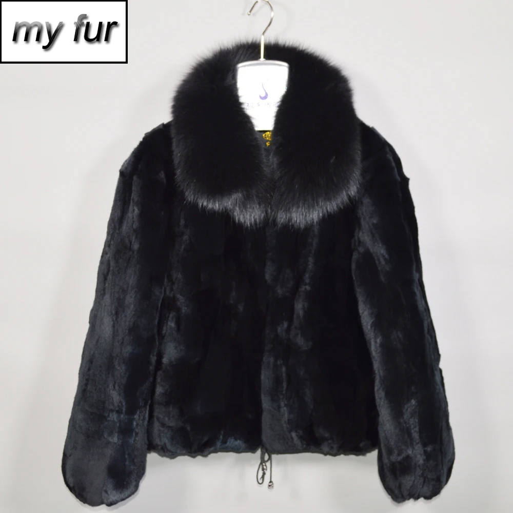 

2019 New Women Winter Warm Soft Quality Real Rex Rabbit Fur Coat Rex Rabbit Fur Short Jacket Big Real Fox Fur Collar Overcoat