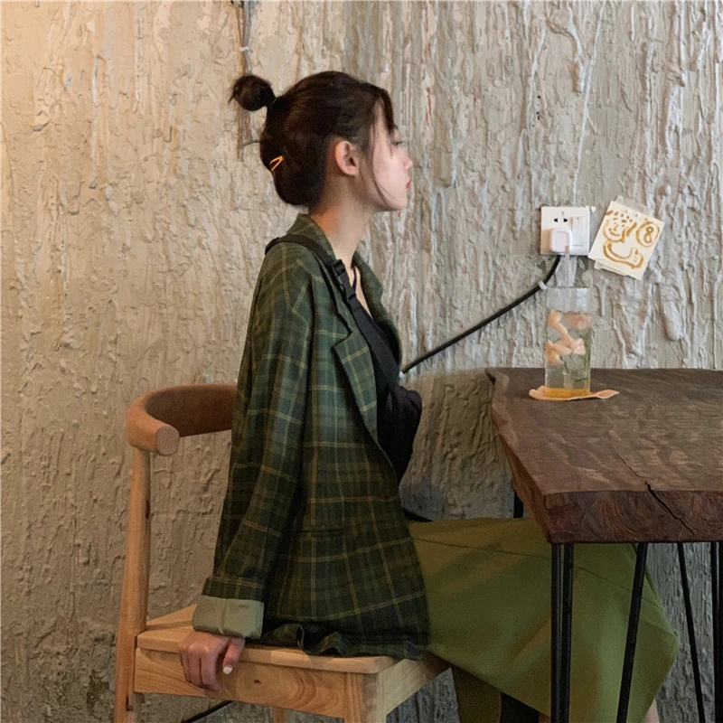 Autumn Clothing Korean-style Retro Plaid Loose-Fit Long Sleeve Suit Jacket+ High-waisted Slit Mid-length Skirt WOMEN'S Suit
