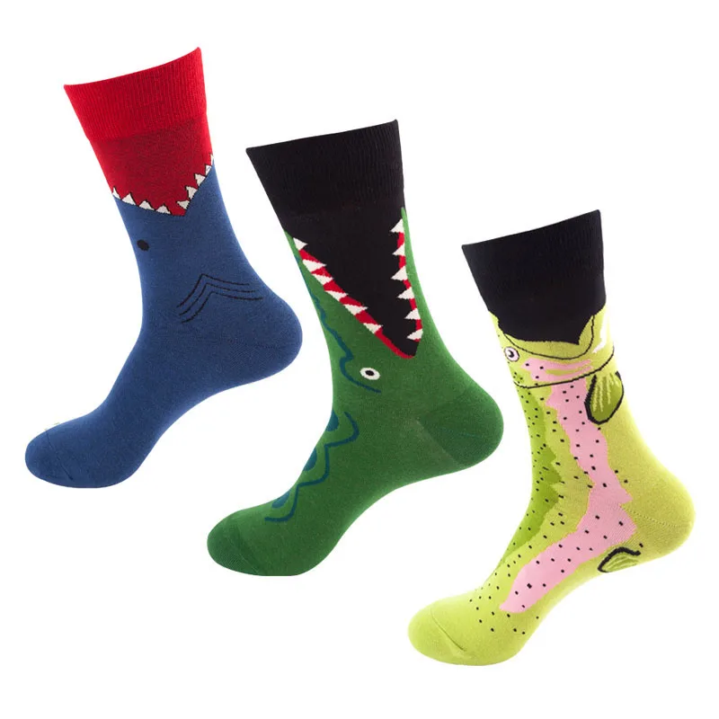 3 пар/лот, женские мужские носки, Забавный мультяшный цветок, рыба, птица, носки скейтбордиста, унисекс, хлопок, модные носки для влюбленных