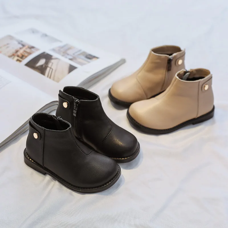 Children's shoes Leather ankle boots winter plus plush children's Martin boots female baby soft-soled leather boots large boots