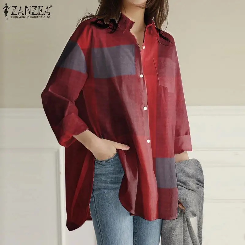 Women Kaftan Long Sleeve Blouses ZANZEA Casual Loose Work Shirt Pockets Asymmetrical Chemise Autumn Plaid Tops   zanzea лето женщины короткие рукава пуговицы вниз футболка платье повседневная свободная kaftan midi платье