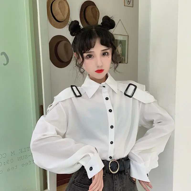 Harajuku с воротником-стойкой, с длинным рукавом, с вырезами, с открытыми плечами, женская одежда, весна ulzzang, Женская Повседневная рубашка свободного кроя, блузка