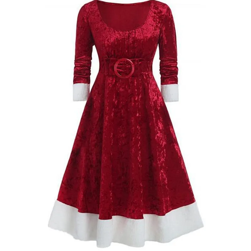

SKMY New Year Santa Costume Red Dress Clothes For Women Adult Fashion Xmas Long Sleeve Round Neck Christmas Party Dresses