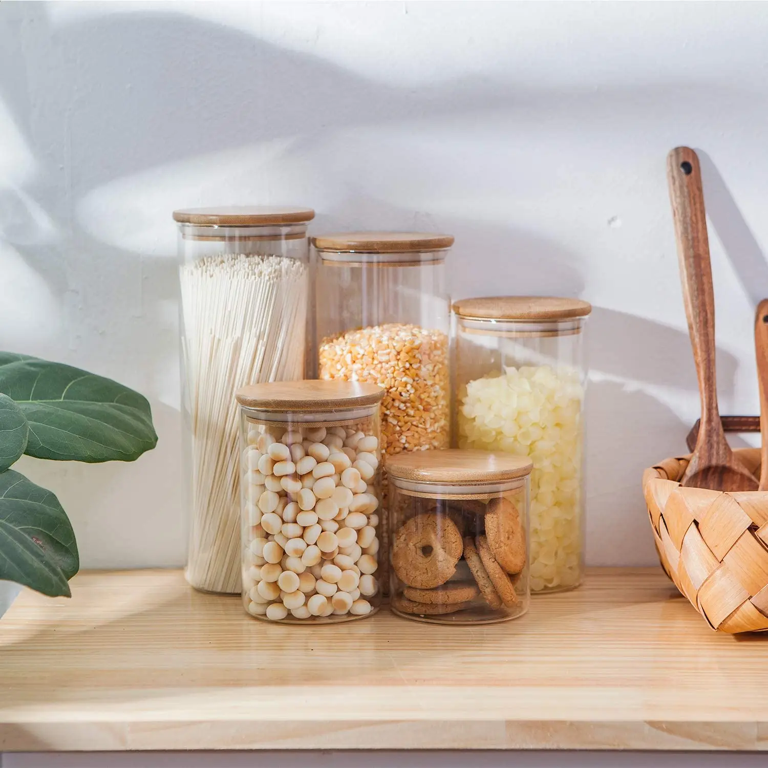 Glass Food Storage Containers Set,Airtight Food Jars with Bamboo Wooden Lids  Kitchen Canisters For Sugar Candy Cookie 6