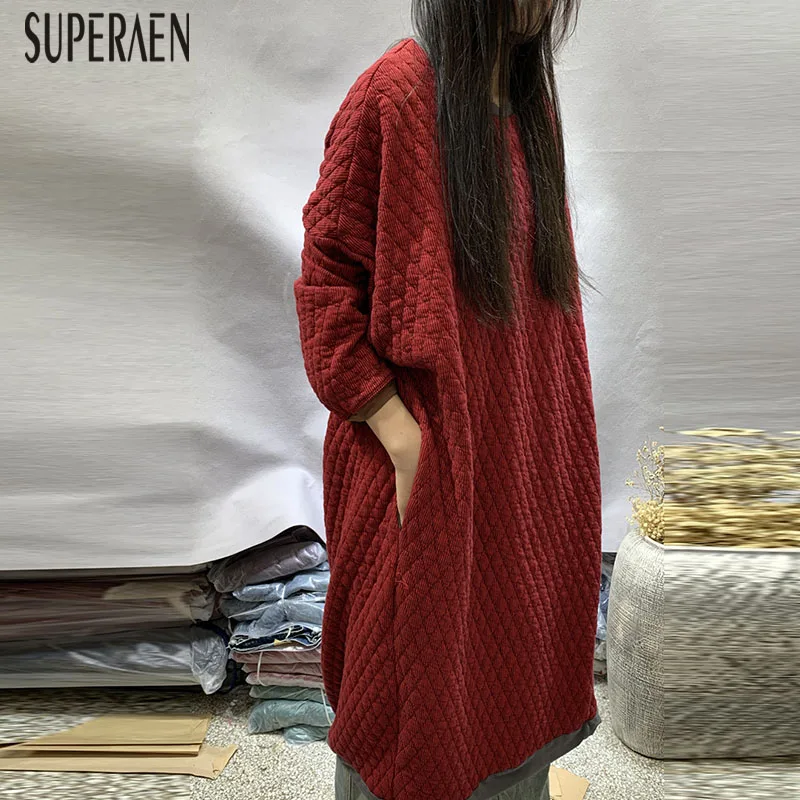 SuperAen, модное женское длинное платье, хлопок и лен, свободный, плюс размер, халат для женщин, зима, длинный рукав, повседневная женская одежда