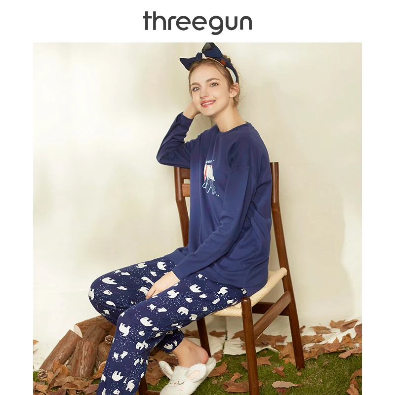 THREEGUN Пижамный комплект для женщин хлопок осень зима Нью Йорк дизайн принт одежда