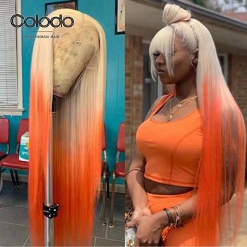 

COLODO Pre Plucked Ombre Orange Wig with Bangs Yellow Remy Brazilian Wig 150% Density Blue Lace Front Human Hair Wigs for Women