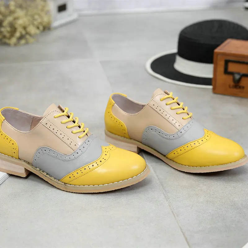 Brands Vintage Oxfords Brogue Shoes Handmade Female Shoes Genuine leather Big Woman Size 13 Oxford Flat Shoes