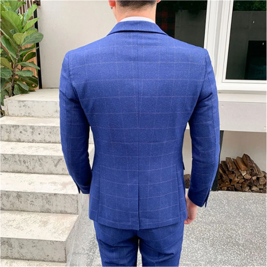 High Quality Men Wedding Suits Fashion male Plaid Suit 3 Piece Set Slim Design Mens Suits Jacket and Pants with Vests