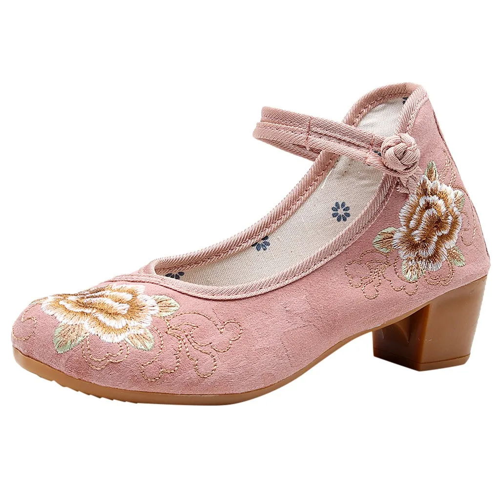 

SAGACE Women's Canvas Embroidered Shoes Round Toe Retro Ethnic Style Square Heel Shoes Buckle Strap Ancient Sandals 2020 X1225