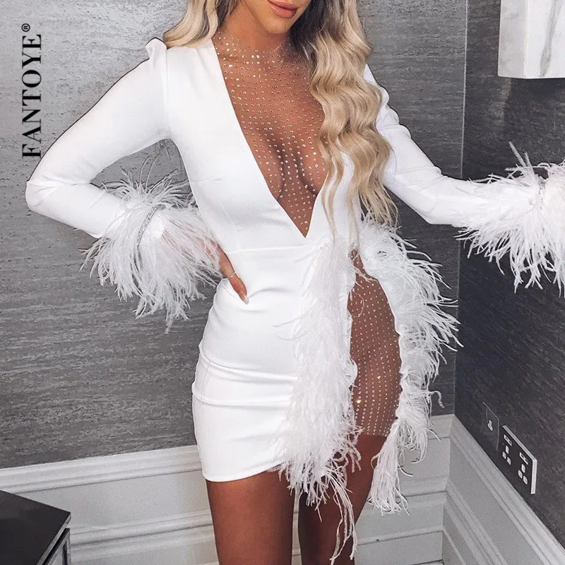 

FATOYE Sexy Sequins Party Dress Feather Patchwork Long Sleeve Bodycon Winter Christmas Dress Transparent Short Dress Vestidos