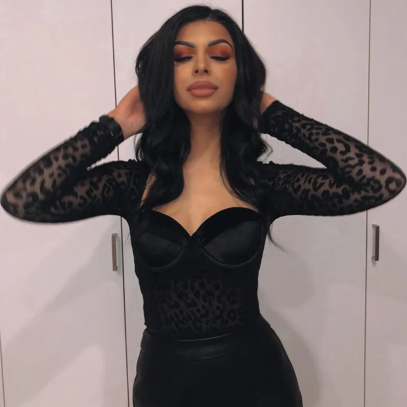 long sleeve bodysuit Nadafair Mesh Leopard Mesh Bodysuit Black Sexy Bodysuit For Women Square Collar Long Sleeve Bodysuits One Piece Body Female 2019 white lace bodysuit