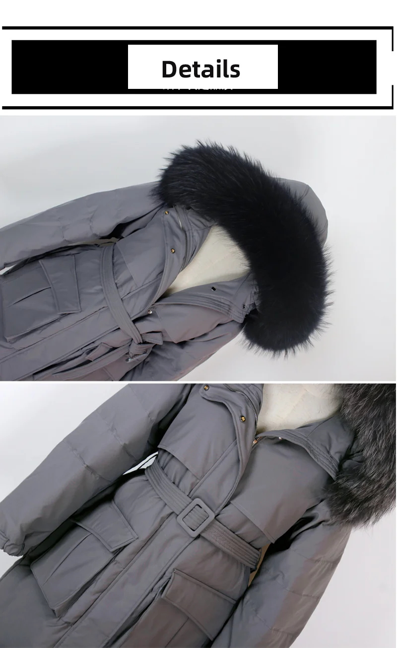 Новая зимняя длинная толстая куртка с воротником из натурального меха енота с белым утиным пухом и поясом, женское тонкое пальто с перьями, ветрозащитная верхняя одежда