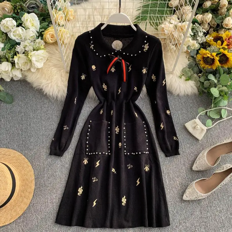 ALPHALMODA трикотажное платье поло г. Осеннее Новое винтажное платье с длинными рукавами для девочек с вышивкой и бисером