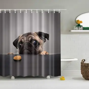 

Pug Staring at Dog Food Pattern Digital Print Shower Curtains for Bathroom Decor,Polyester Waterproof Fabric Bath Curtain with 8